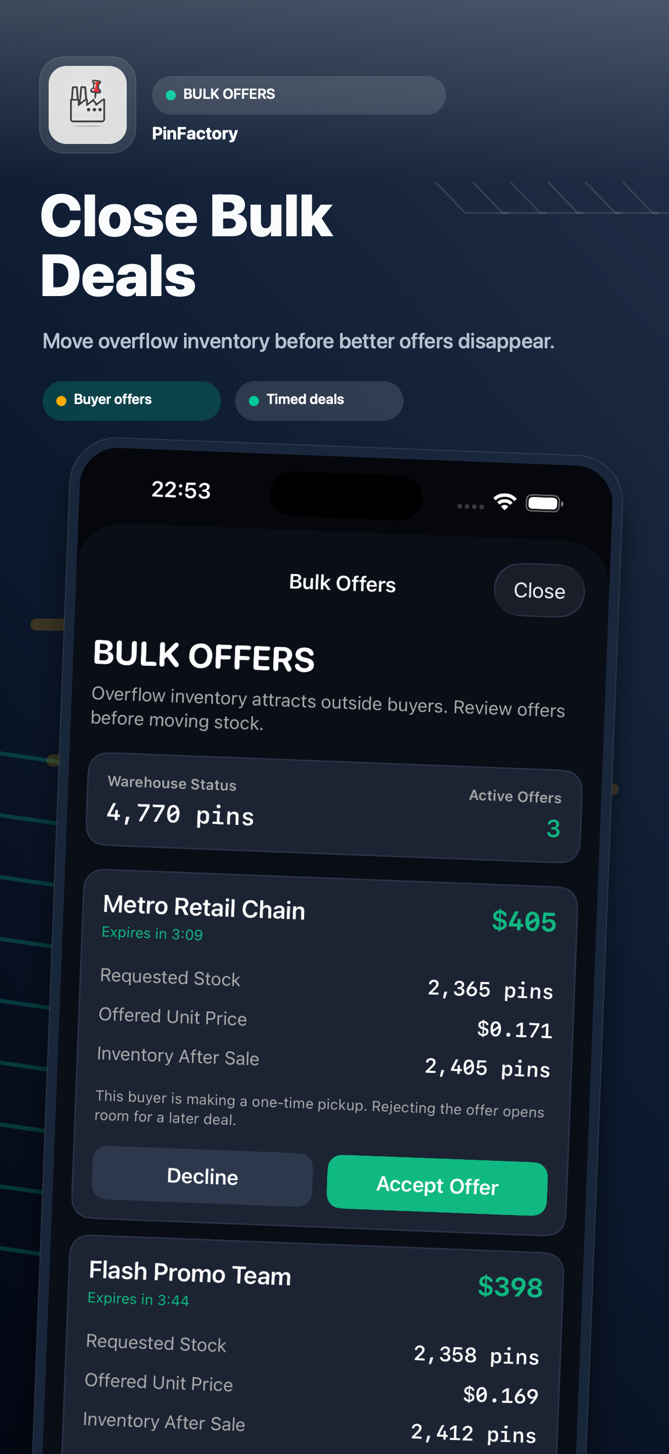 PinFactory bulk deals screenshot